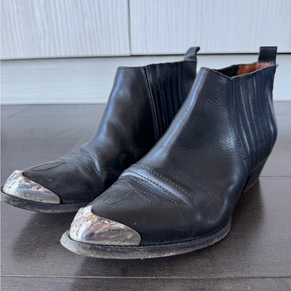 Sleek Black and Silver Ankle Boots with Metallic Toe Cap